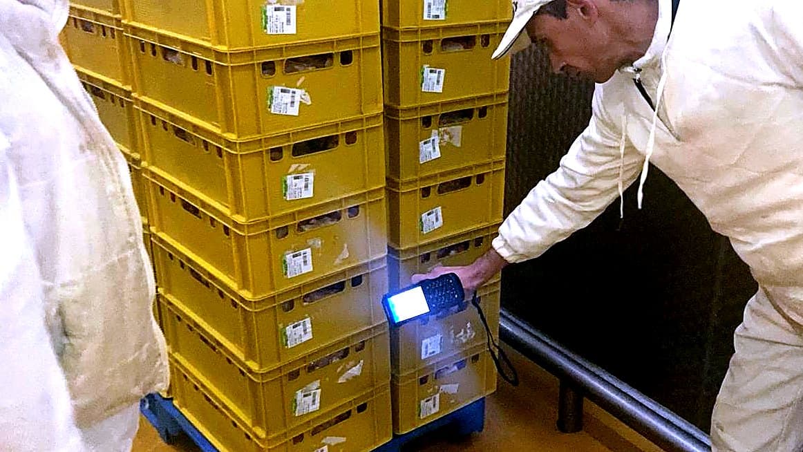 Оператор сканує штрихкоди на ящиках терміналом збору даних